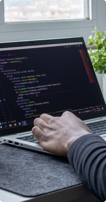 Person coding on laptop near window and plant.