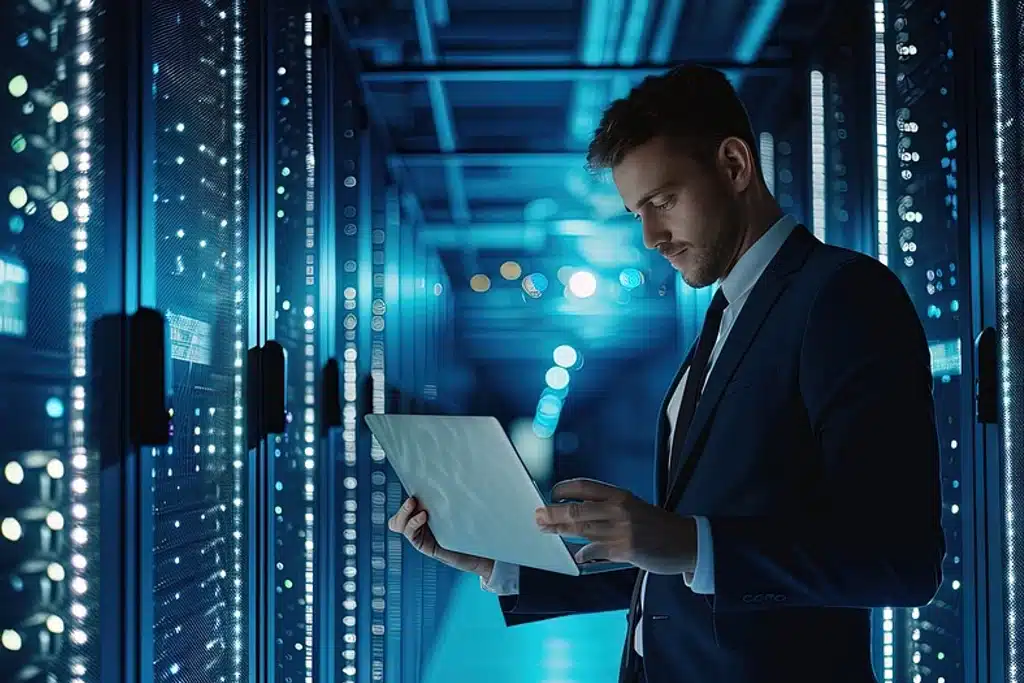 Man in server room at data center.