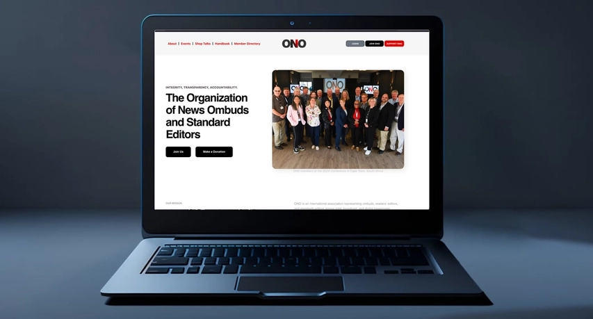 Laptop displaying organization of news ombuds website