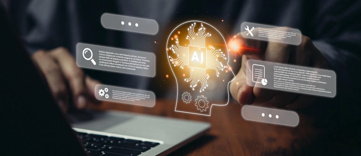 Person interacting with digital AI interface hologram