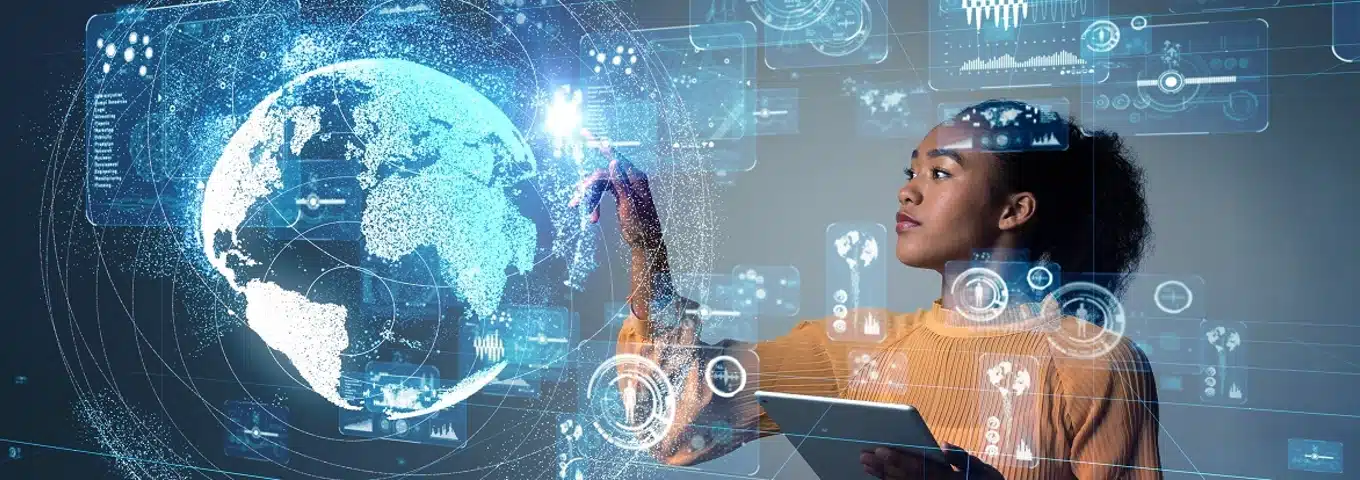 Technology innovation with woman interacting digital globe