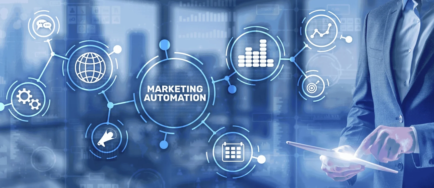 Digital marketing automation network with businessman tablet