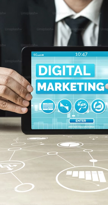 Digital marketing concept displayed on tablet screen