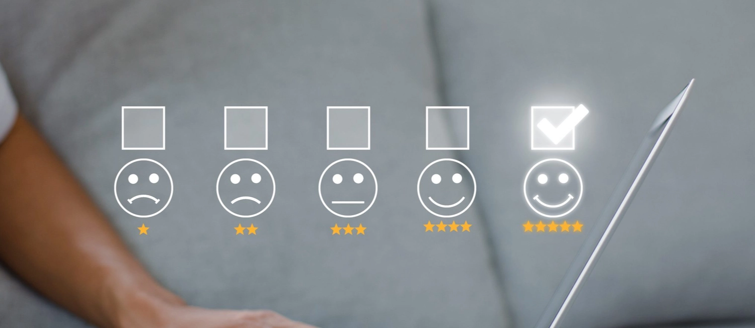 Five-star customer satisfaction rating with smiling face