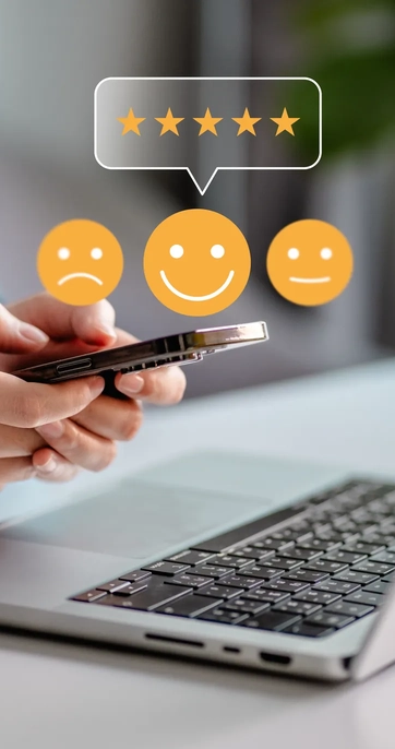 Person using smartphone for online feedback rating
