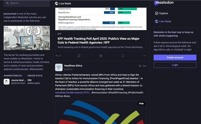 Mastodon social media interface with live news feeds.