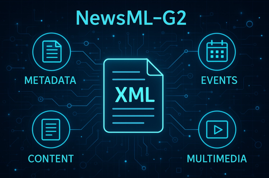 Diagram of NewsML-G2 components and XML.