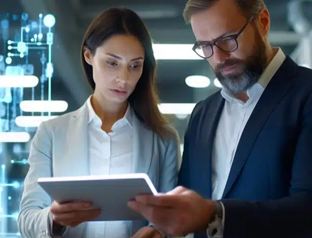 Business professionals collaborating with digital tablet technology