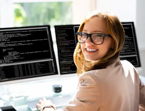 Smiling woman working at computer with code.